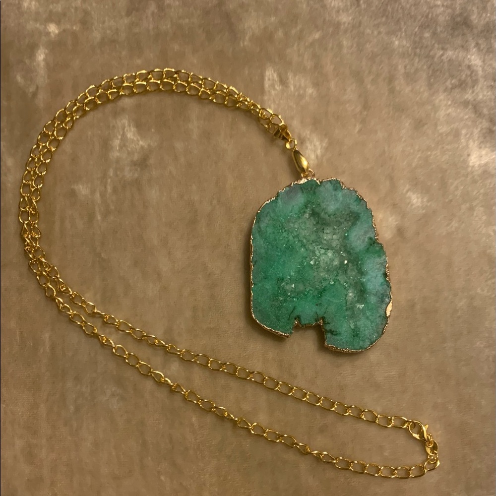 Green Titanium Crystal Agate Druzy Quartz Pendant with Gold Chain Neckla…